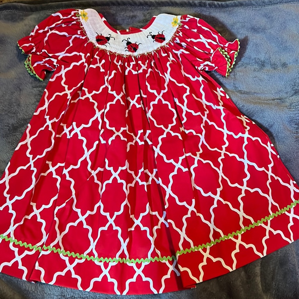 Hand Smocked Silly Goose Red Lady Bug Dress with Green liner on sleeves & bottom